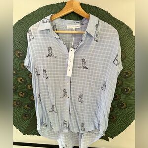 NWT Jane and Delancey Ladies Button Up Shirt, Cat Print!